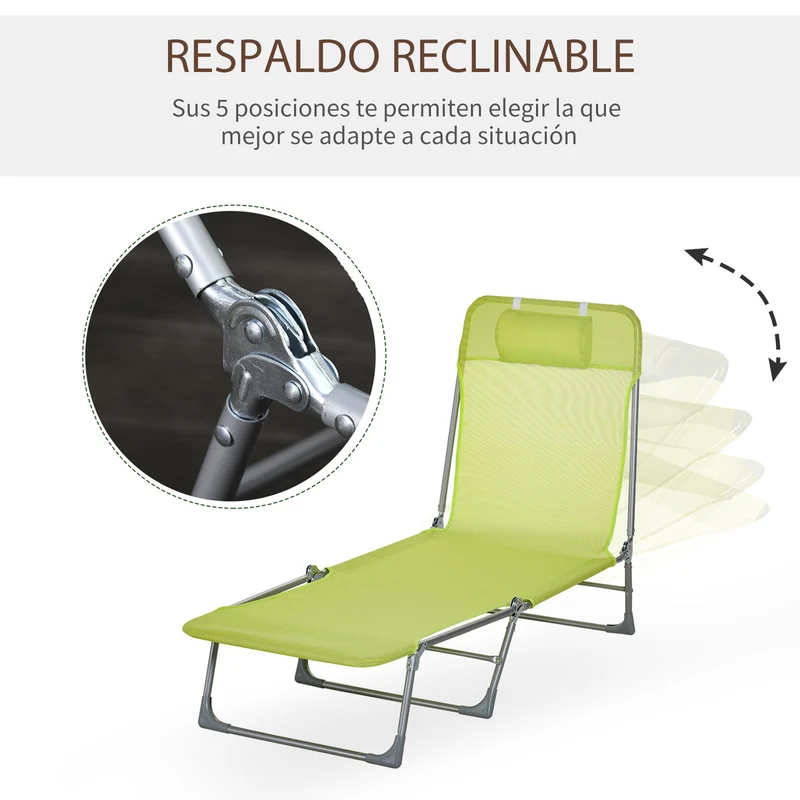 Outsunny Conjunto de 2 Tumbonas Plegables Tumbonas de Jardín Reclinables con Respaldo Ajustable en 5 Posiciones y Reposacabezas Carga 120 kg para Terraza Piscina Playa 182x56x24,5 cm Verde