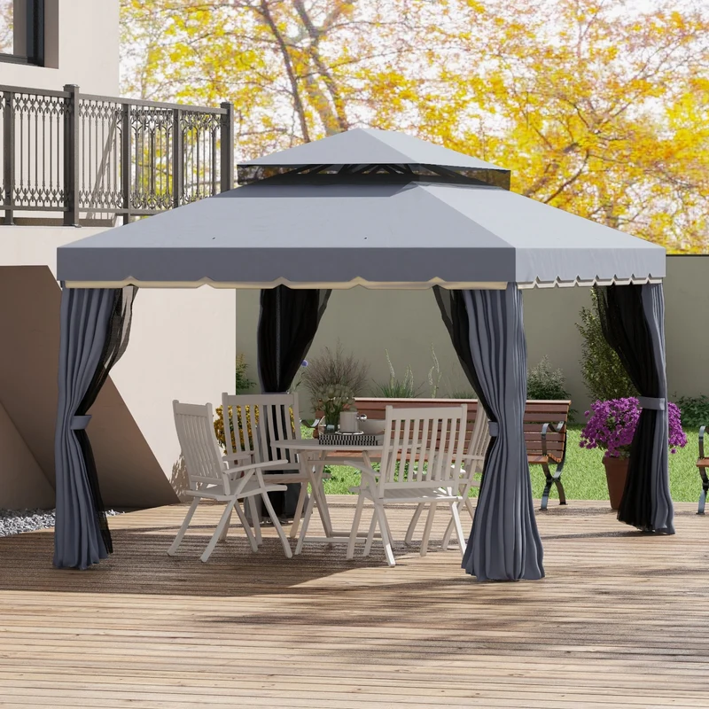 Outsunny Conjunto de Cenador Incluye 1 Cenador de Jardín 4x3 m con 4 Cortinas Laterales 4 Mosquiteras y 1 Techo de Repuesto 4x3 m para Fiestas Eventos Exterior Gris y Beige