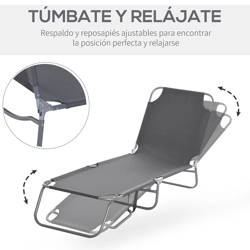 Outsunny Conjunto de 2 Tumbonas Plegables Tumbonas de Jardín con Respaldo Ajustable en 5 Posiciones Carga 120 kg para Terraza Piscina Playa 187x55x24 cm Gris