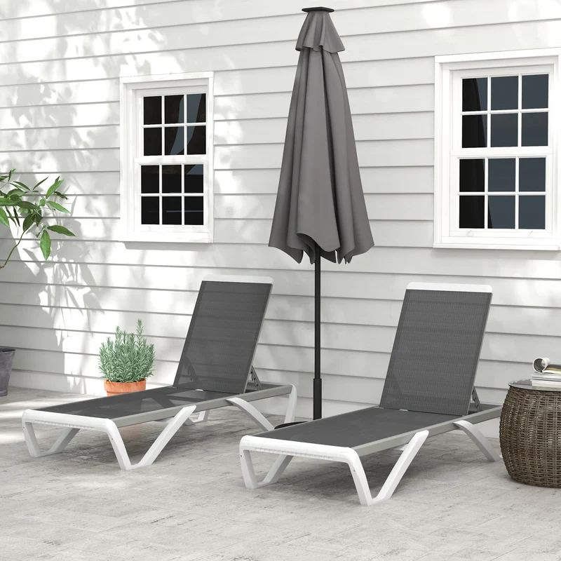 Outsunny Conjunto de 2 Tumbonas Reclinables de Aluminio Tumbonas de Jardín con Respaldo Ajustable en 5 Niveles y 2 Ruedas para Terraza Balcón Piscina 170x67,5x95 cm Gris y Blanco