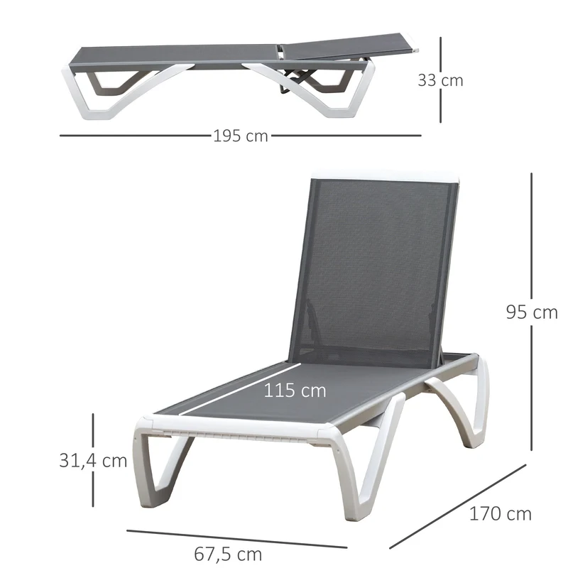 Outsunny Conjunto de 2 Tumbonas Reclinables de Aluminio Tumbonas de Jardín con Respaldo Ajustable en 5 Niveles y 2 Ruedas para Terraza Balcón Piscina 170x67,5x95 cm Gris y Blanco