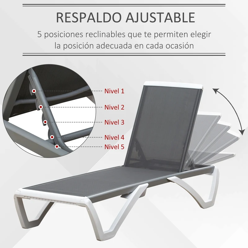 Outsunny Conjunto de 2 Tumbonas Reclinables de Aluminio Tumbonas de Jardín con Respaldo Ajustable en 5 Niveles y 2 Ruedas para Terraza Balcón Piscina 170x67,5x95 cm Gris y Blanco