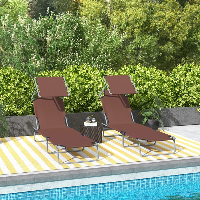 Outsunny Conjunto de 2 Tumbonas Plegables Tumbonas de Jardín Reclinables con Toldo Desmontable Respaldo Ajustable en 5 Niveles para Terraza Piscina 187x58x36 cm Marrón