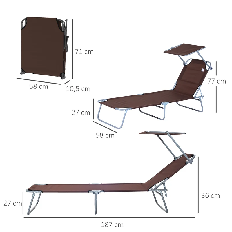 Outsunny Conjunto de 2 Tumbonas Plegables Tumbonas de Jardín Reclinables con Toldo Desmontable Respaldo Ajustable en 5 Niveles para Terraza Piscina 187x58x36 cm Marrón