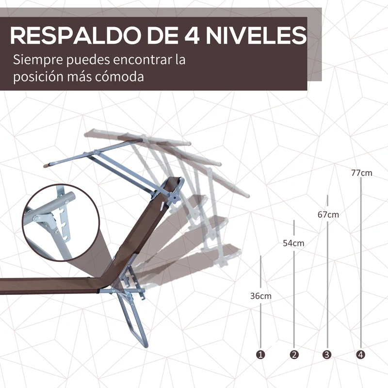 Outsunny Conjunto de 2 Tumbonas Plegables Tumbonas de Jardín Reclinables con Toldo Desmontable Respaldo Ajustable en 5 Niveles para Terraza Piscina 187x58x36 cm Marrón