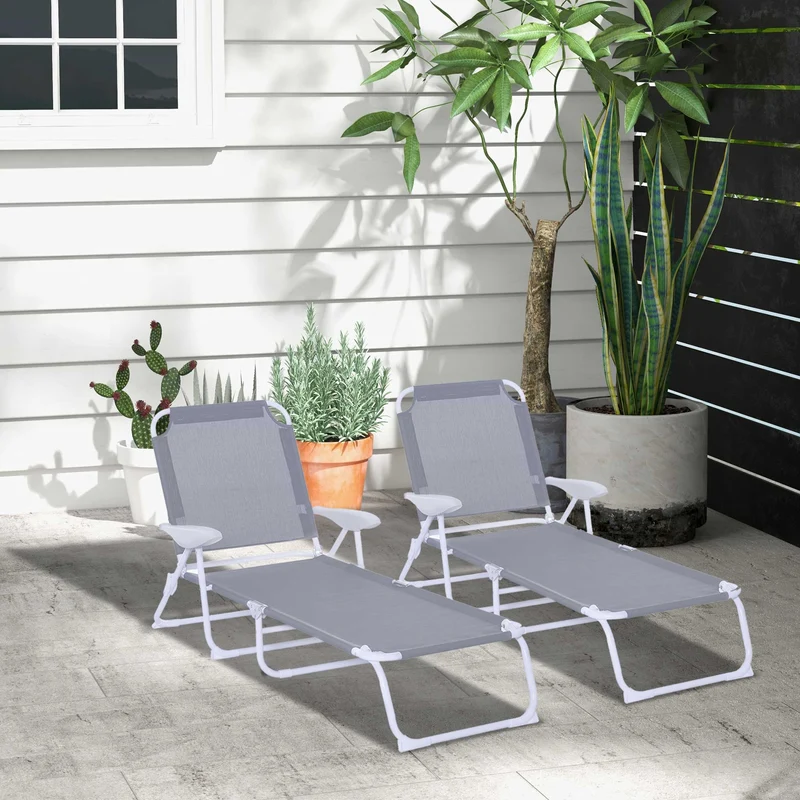 Outsunny Conjunto de 2 Tumbonas Plegables Tumbonas de Jardín con Respaldo Ajustable en 4 Niveles Carga 120 kg para Terraza Piscina 186x66x80 cm Gris