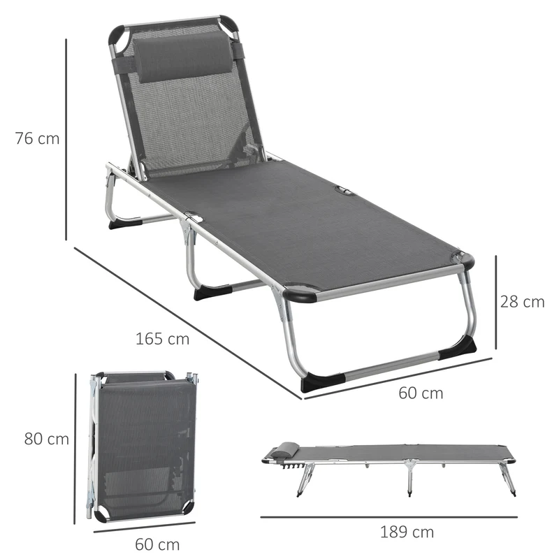 Outsunny Conjunto de 2 Tumbonas Plegables de Aluminio Tumbonas de Jardín Reclinables con Reposacabezas Extraíble y Respaldo Ajustable en 4 Posiciones para Terraza Piscina Playa 165x60x76 cm Gris