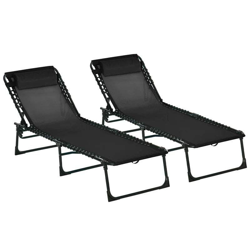 Outsunny Conjunto de 2 Tumbonas Plegables Tumbonas de Jardín Reclinables con Respaldo Ajustable en 4 Posiciones Carga 120 kg para Terraza Piscina Playa 197x58x30 cm Negro