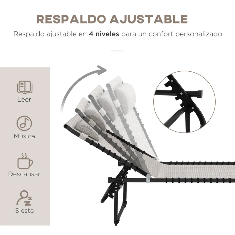 Outsunny Conjunto de 2 Tumbonas Plegables Tumbonas de Jardín con Respaldo Ajustable en 4 Posiciones Carga 120 kg para Terraza Piscina Playa 197x58x30 cm Crema