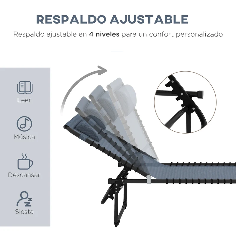 Outsunny Conjunto de 2 Tumbonas Plegables Tumbonas de Jardín con Respaldo Ajustable en 4 Posiciones Carga 120 kg para Terraza Piscina Playa 197x58x30 cm Gris