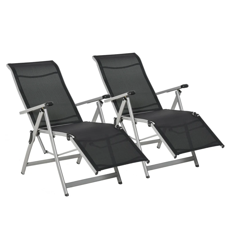 Outsunny Conjunto de 2 Tumbonas Reclinables y Plegables Tumbonas de Jardín con Respaldo y Reposapiés Ajustable en 10 Posiciones Carga 120 kg 78x58x110 cm Negro