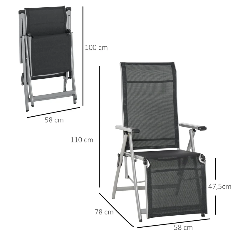 Outsunny Conjunto de 2 Tumbonas Reclinables y Plegables Tumbonas de Jardín con Respaldo y Reposapiés Ajustable en 10 Posiciones Carga 120 kg 78x58x110 cm Negro