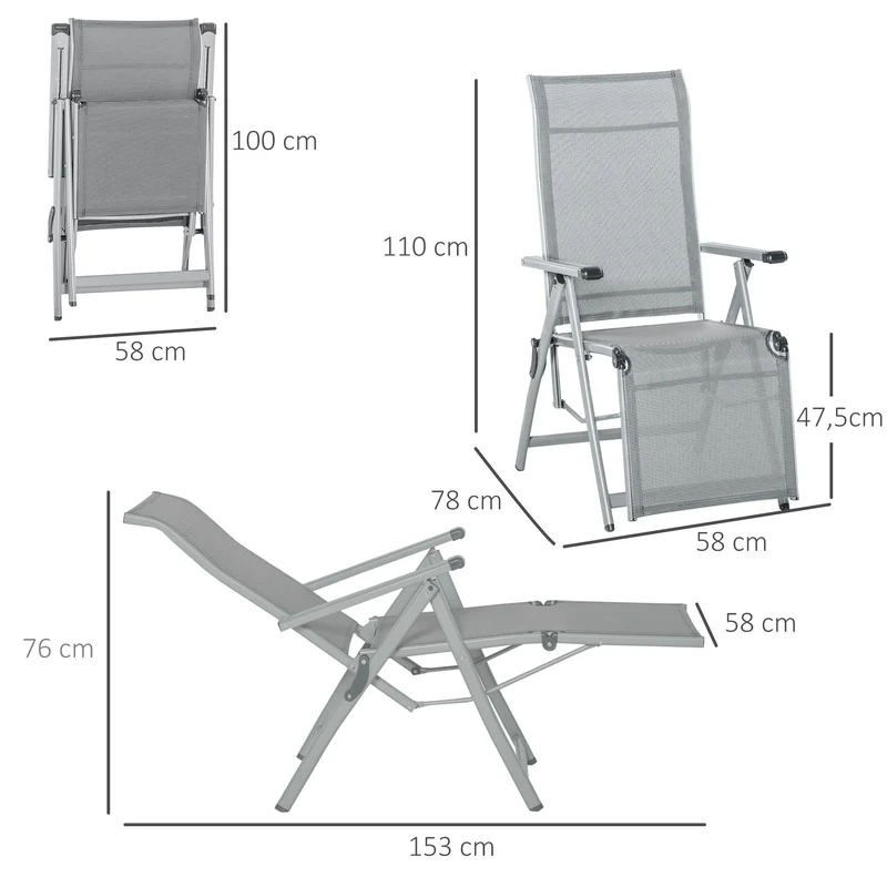 Outsunny Conjunto de 2 Tumbonas Reclinables y Plegables Tumbonas de Jardín con Respaldo y Reposapiés Ajustable en 10 Posiciones Carga 120 kg 78x58x110 cm Gris