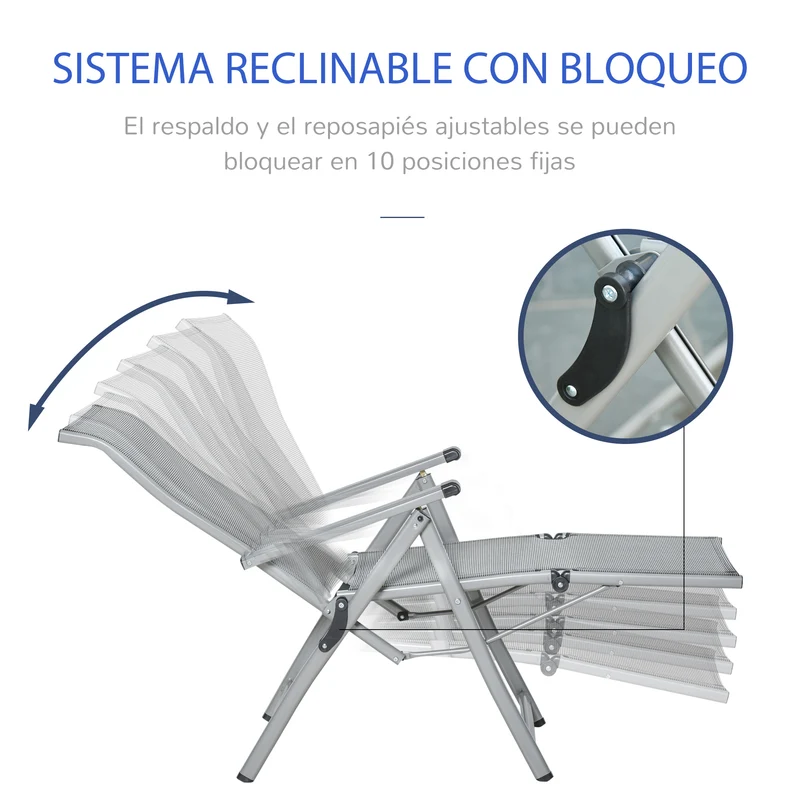 Outsunny Conjunto de 2 Tumbonas Reclinables y Plegables Tumbonas de Jardín con Respaldo y Reposapiés Ajustable en 10 Posiciones Carga 120 kg 78x58x110 cm Gris