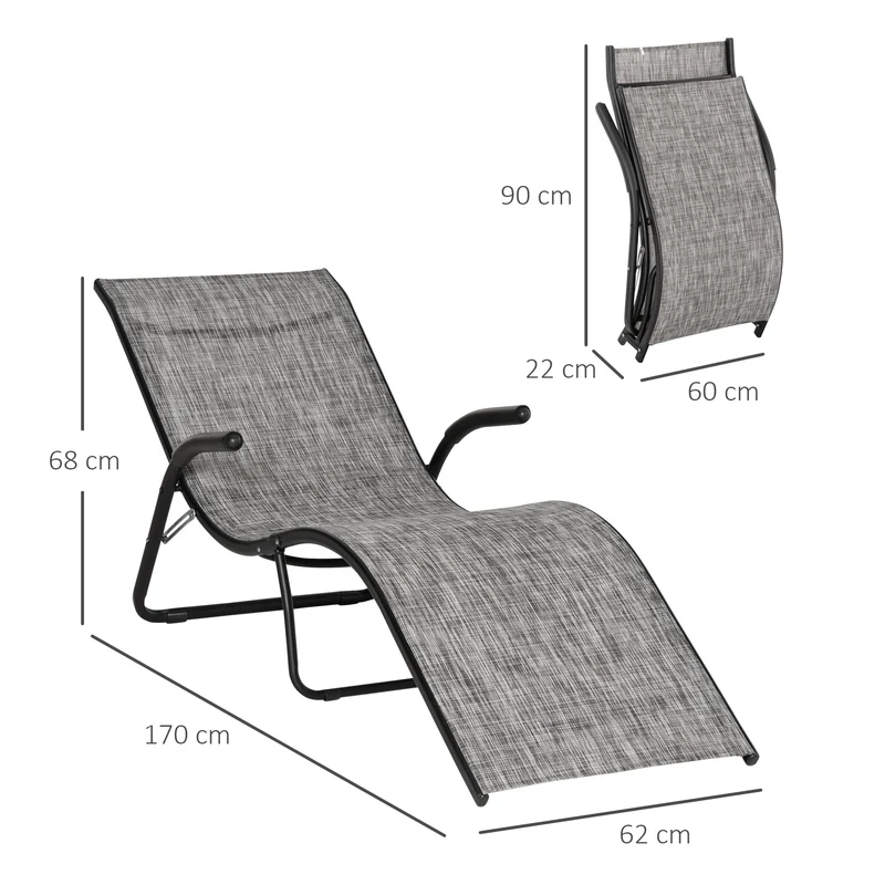 Outsunny Conjunto de 2 Tumbonas Plegables Tumbonas de Jardín con Reposabrazos Reposapiés y Respaldo Carga 160 kg para Terraza Playa Camping Exterior 170x62x68 cm Gris