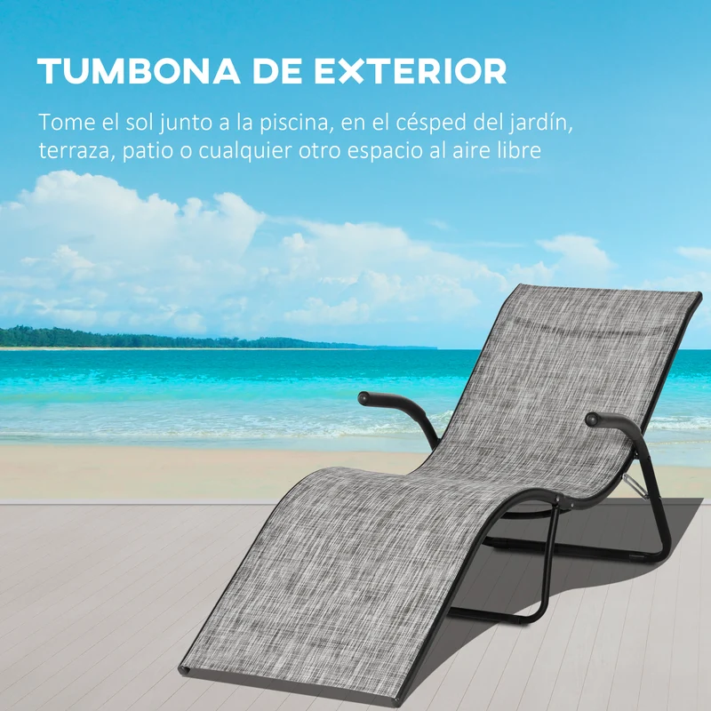Outsunny Conjunto de 2 Tumbonas Plegables Tumbonas de Jardín con Reposabrazos Reposapiés y Respaldo Carga 160 kg para Terraza Playa Camping Exterior 170x62x68 cm Gris