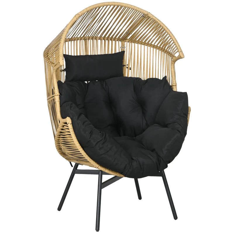 Outsunny Sillón de Ratán Sintético Silla de Terraza en Forma de Huevo con Reposacabezas Acolchado Cojín y Marco de Acero para Jardín Balcón 89x75x143 cm Arena y Negro