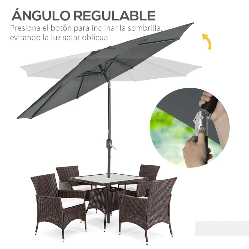 Outsunny Conjunto de Sombrilla Incluye 1 Sombrilla de Jardín de Aluminio Ø264x253 cm y 1 Base Cuadrada Relleno de Cemento Peso 25 kg Gris y Natural