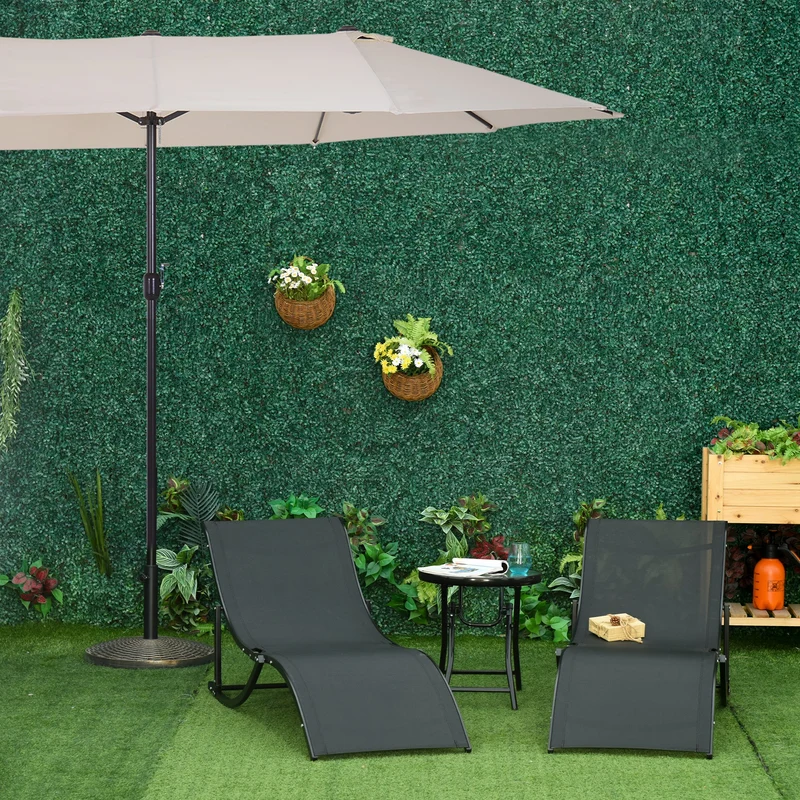 Outsunny Conjunto de Sombrilla Doble y 2 Tumbonas Plegables en Forma de S para Piscina Patio Jardín Terraza 4,55x2,65x2,38 m 165x61x63 cm Beige y Negro