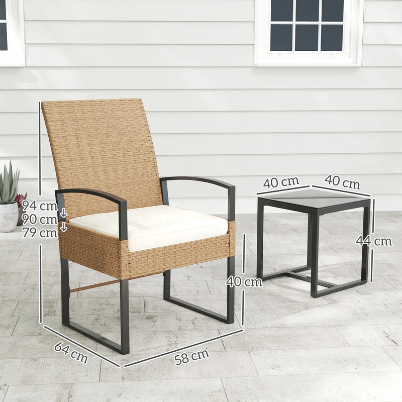 Outsunny Conjunto de Jardín Exterior de 3 Piezas con Respaldo Ajustable Juego de 2 Sillas y Mesa de Ratán con Cojines Acolchados y Encimera de Vidrio Templado para Balcón Terraza Beige y Blanco