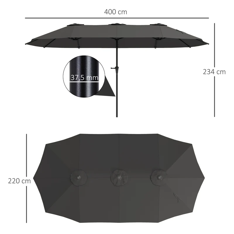 Outsunny Sombrilla Doble 4x2,2 m Sombrilla Terraza Exterior con Manivela Manual Impermeable y Protección UV30+ Parasol Grande para Terraza Playa Piscina Gris Oscuro