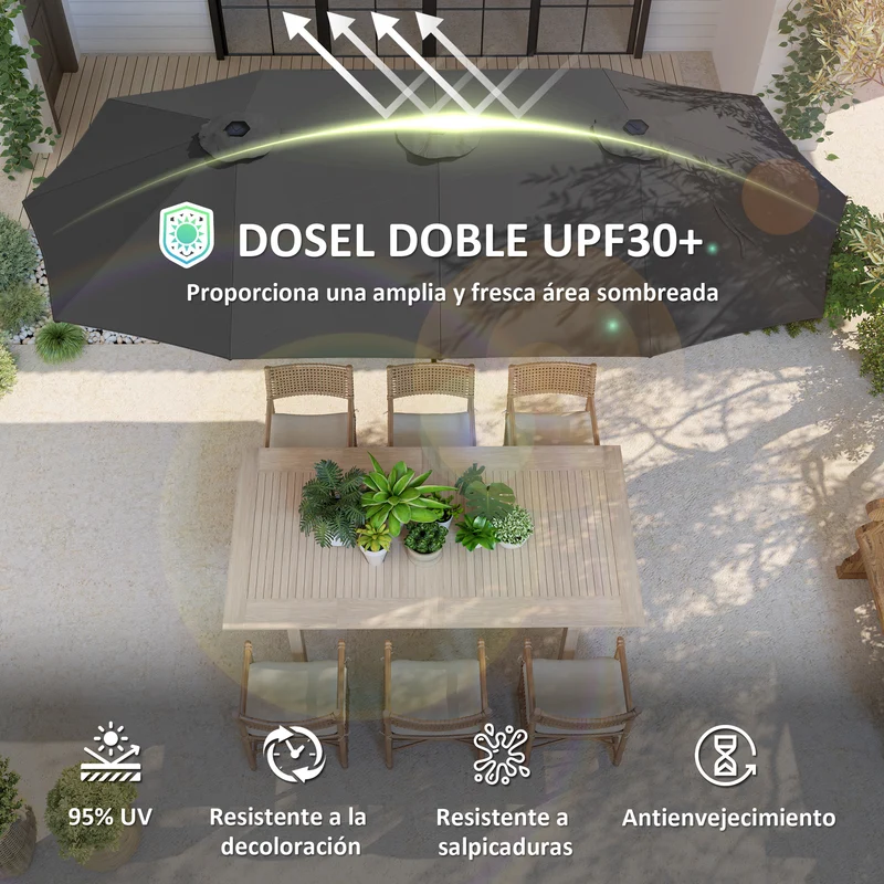 Outsunny Sombrilla Doble 4x2,2 m Sombrilla Terraza Exterior con Manivela Manual Impermeable y Protección UV30+ Parasol Grande para Terraza Playa Piscina Gris Oscuro