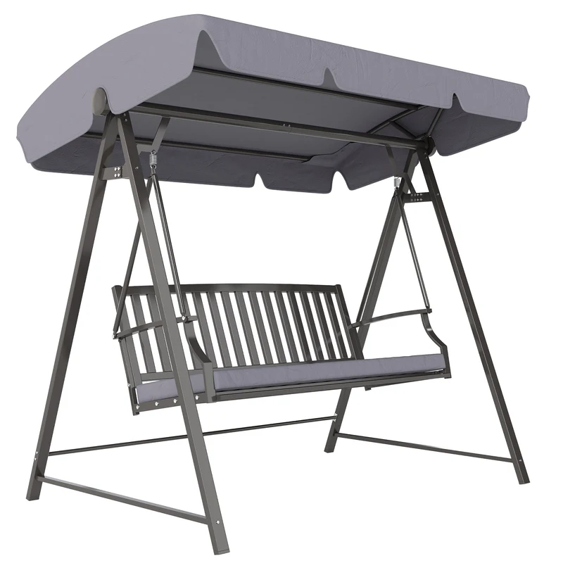 Outsunny Columpio de Jardín Exterior de 3 Plazas Balancín de Jardín Exterior con Toldo Ajustable Cojín y Estructura de Acero Carga 360 kg 205x133x181 cm Gris