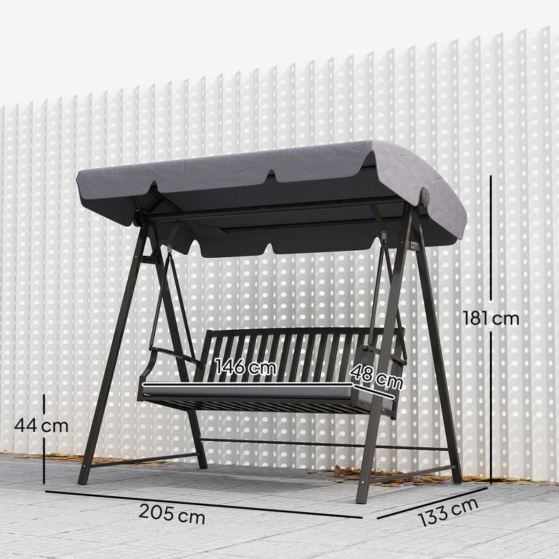 Outsunny Columpio de Jardín Exterior de 3 Plazas Balancín de Jardín Exterior con Toldo Ajustable Cojín y Estructura de Acero Carga 360 kg 205x133x181 cm Gris