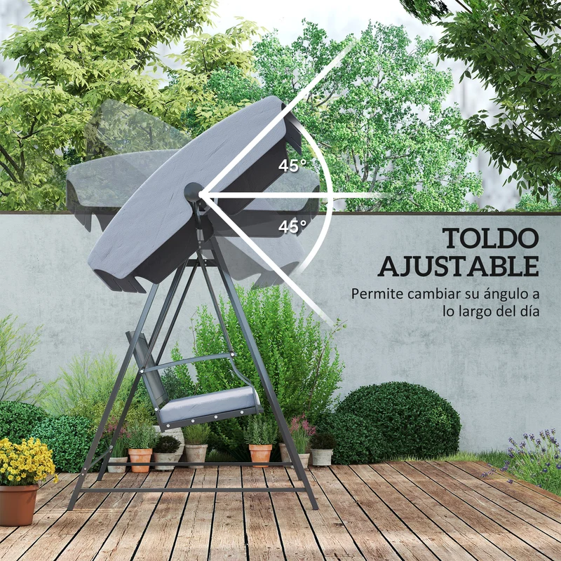 Outsunny Columpio de Jardín Exterior de 3 Plazas Balancín de Jardín Exterior con Toldo Ajustable Cojín y Estructura de Acero Carga 360 kg 205x133x181 cm Gris