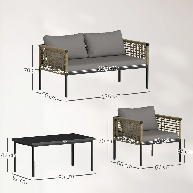 Outsunny Conjunto de Jardín Exterior de Ratán Sintético de 4 Piezas Muebles de Jardín Exterior Incluye 1 Sofá Doble 2 Sillones y Mesa de Centro con Cojines Natural y Gris