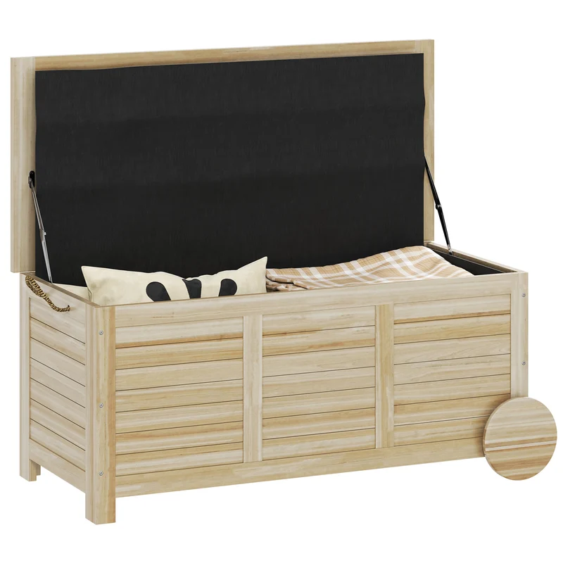 Outsunny Baúl de Almacenaje Exterior 185L Arcón de Jardín de Madera Impermeable con Tapa Abrible 2 Ruedas Cuerdas de Lino Bisagras Metálicas y Forro Interno 110x50x50 cm Natural