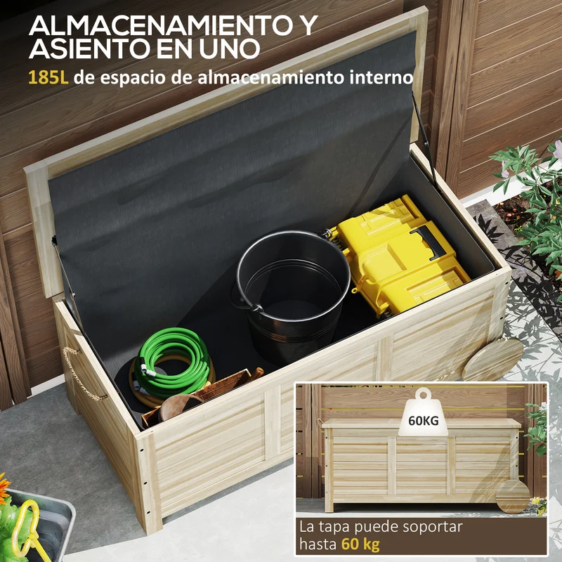 Outsunny Baúl de Almacenaje Exterior 185L Arcón de Jardín de Madera Impermeable con Tapa Abrible 2 Ruedas Cuerdas de Lino Bisagras Metálicas y Forro Interno 110x50x50 cm Natural
