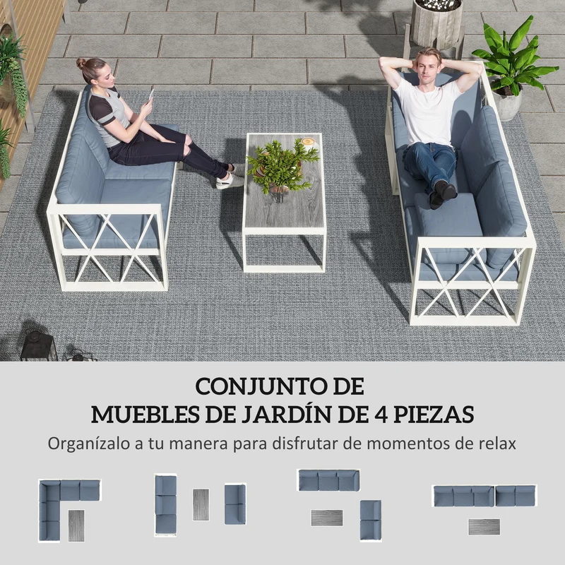 Outsunny Conjunto de Muebles Jardín Exterior de 4 Piezas Sofá Exterior Seccional Forma de L con 2 Sofás de 2 Plazas Sofá de Esquina con Asiento Ajustable y Mesa Centro de DPC con Cojines Beige y Gris