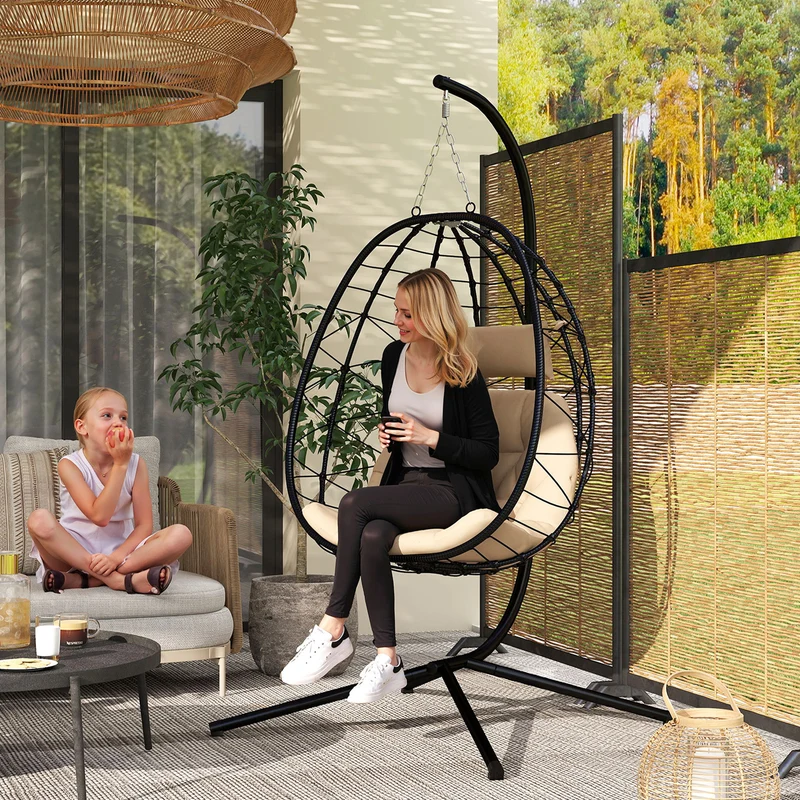 Outsunny Silla Colgante Huevo con Soporte Columpio Jardín Exterior con Cesta Plegable Cojín y Reposacabezas Columpio Colgante para Interior y Exterior Carga 120 kg Caqui