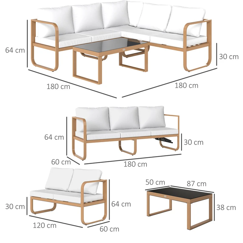 Outsunny Conjunto de Jardín Exterior de 3 Piezas Muebles Jardín Exterior con Sofá de 3 Plazas con Asiento Ajustable Sofá de 2 Plazas y Mesa de Centro de Vidrio con Cojines Crema