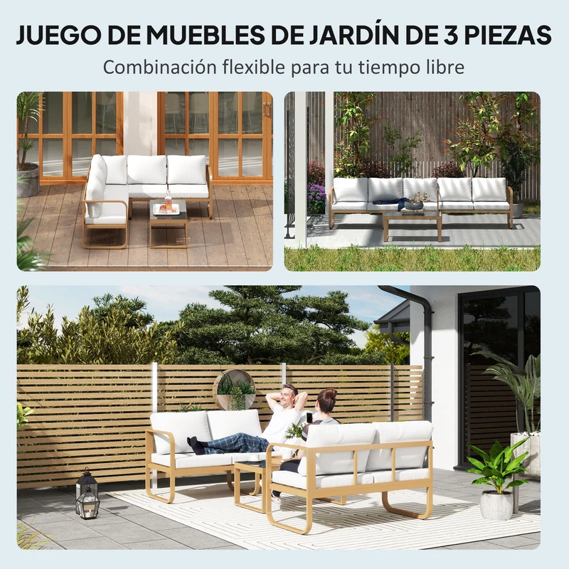 Outsunny Conjunto de Jardín Exterior de 3 Piezas Muebles Jardín Exterior con Sofá de 3 Plazas con Asiento Ajustable Sofá de 2 Plazas y Mesa de Centro de Vidrio con Cojines Crema