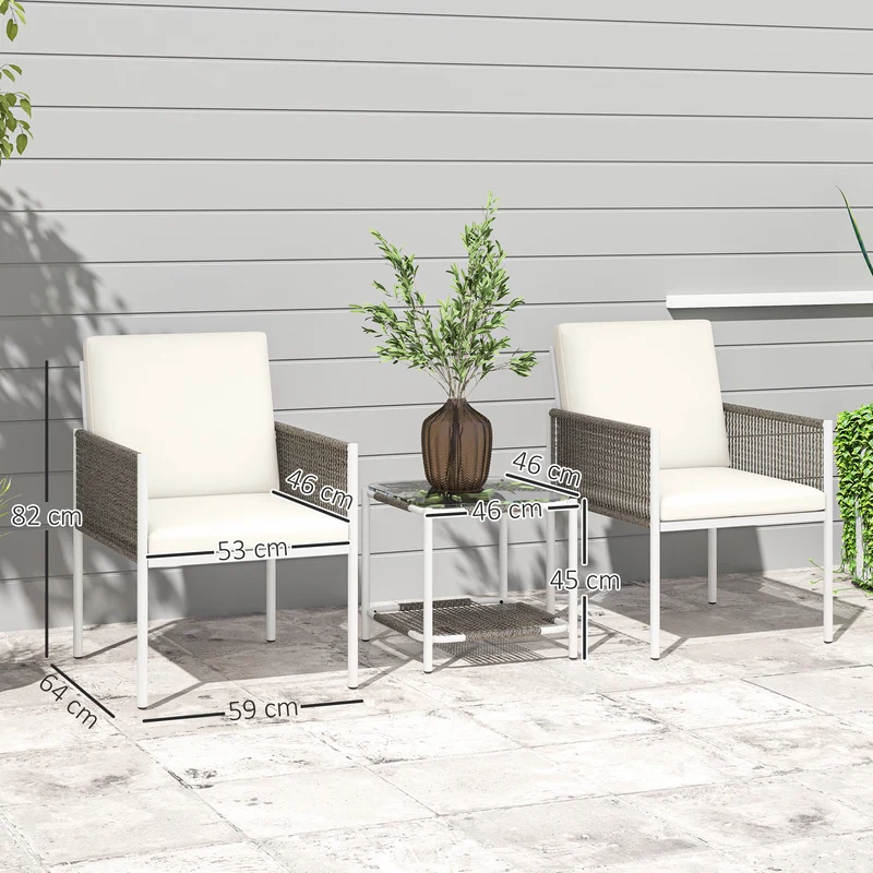 Outsunny Conjunto de Jardín Exterior de 3 Piezas Juego de 2 Sillas y Mesa de Ratán con Cojines Acolchados y Encimera de Vidrio para Balcón Terraza Marrón y Crema
