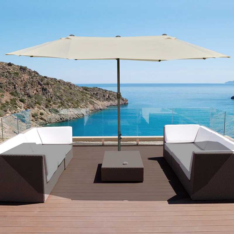 Outsunny Sombrilla Doble 4,55x2,65 m Sombrilla Terraza Exterior con Manivela Manual Resistente al Agua y Protección Solar Sombrilla Grande para Terraza Playa Piscina Crema