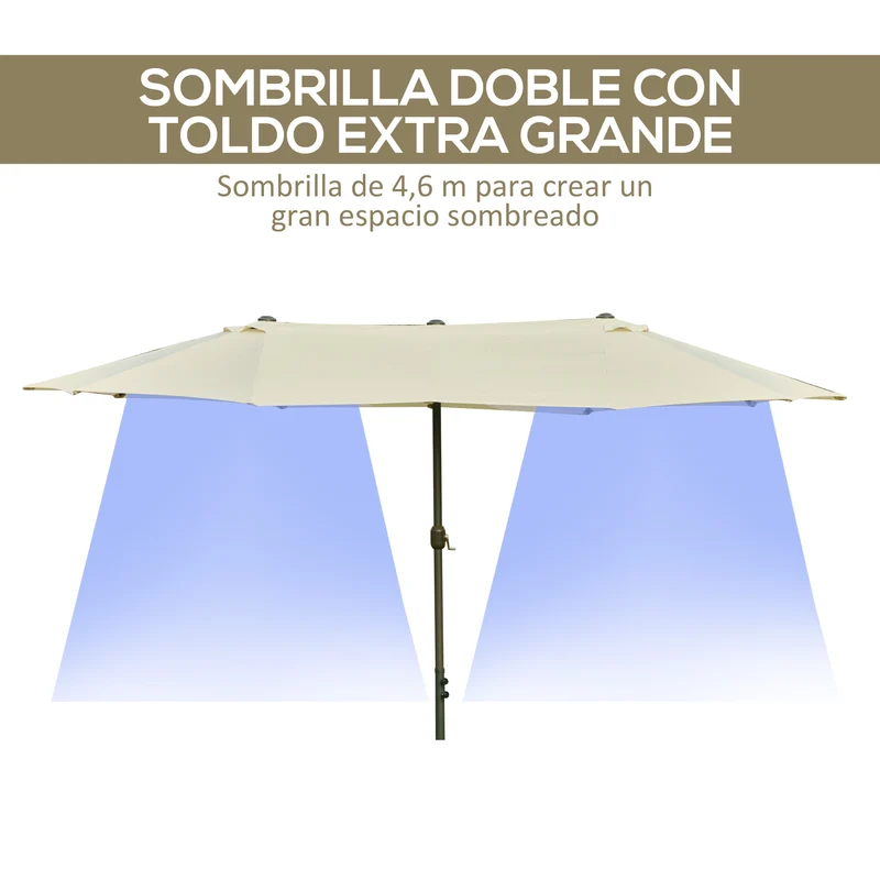 Outsunny Sombrilla Doble 4,55x2,65 m Sombrilla Terraza Exterior con Manivela Manual Resistente al Agua y Protección Solar Sombrilla Grande para Terraza Playa Piscina Crema