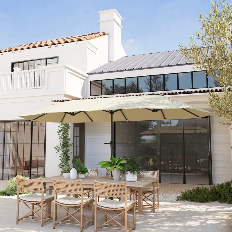 Outsunny Sombrilla Doble 4x2,2 m Sombrilla Terraza Exterior con Manivela Manual Impermeable y Protección UV30+ Parasol Grande para Terraza Playa Piscina Crema
