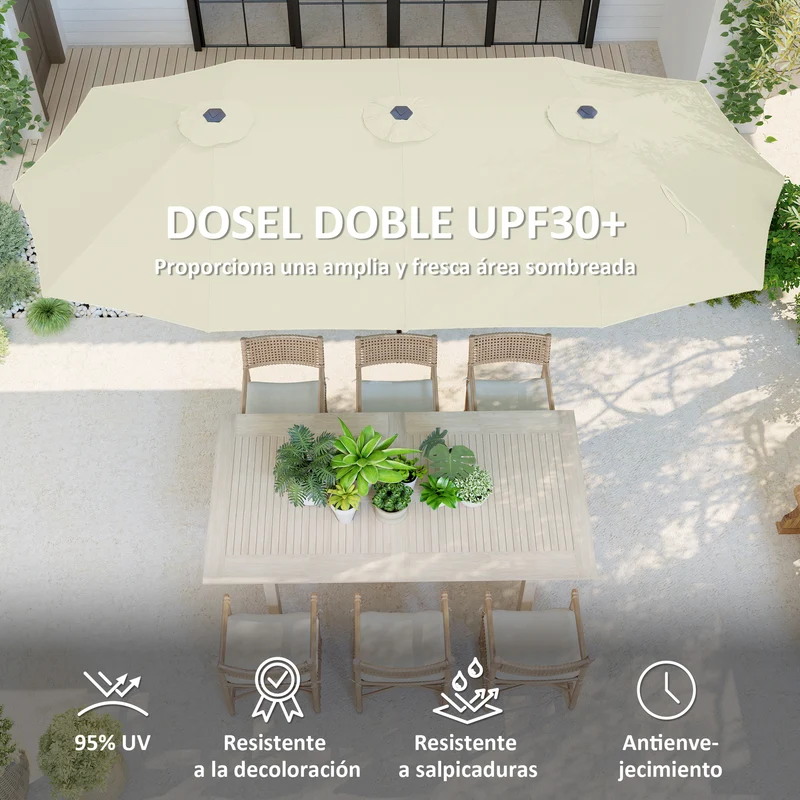 Outsunny Sombrilla Doble 4x2,2 m Sombrilla Terraza Exterior con Manivela Manual Impermeable y Protección UV30+ Parasol Grande para Terraza Playa Piscina Crema
