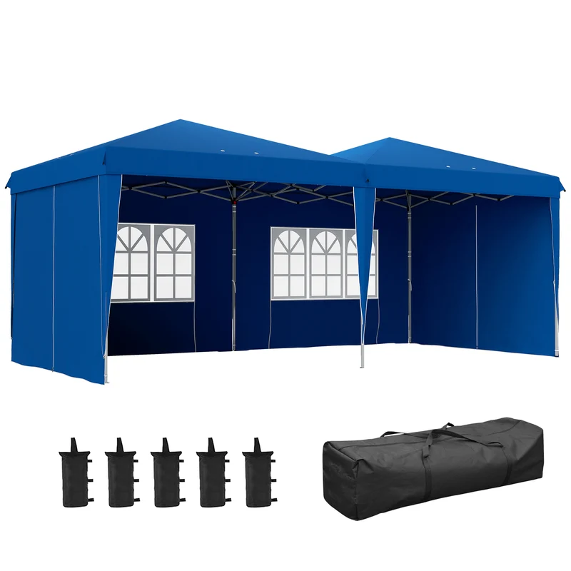 Outsunny Carpa Plegable 6x3 m Cenador de Jardín con Altura Ajustable Paredes Laterales Protección UV30+ Impermeable Sacos de Arena y Bolsa de Transporte Gazebo para Exterior Jardín Fiestas Azul