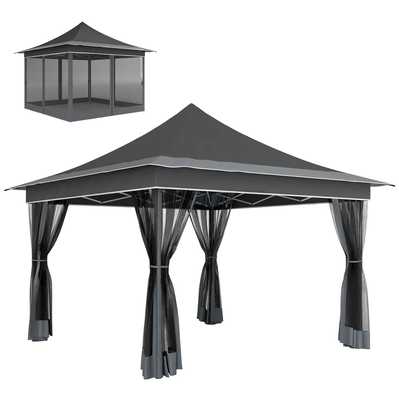 Outsunny Carpa Plegable 3,5x3,5x3 m Cenador de Jardín con Altura Ajustable 4 Mosquiteras Protección UV50+ Impermeable y Bolsa de Transporte Gazebo para Exterior Fiestas Camping Gris Oscuro