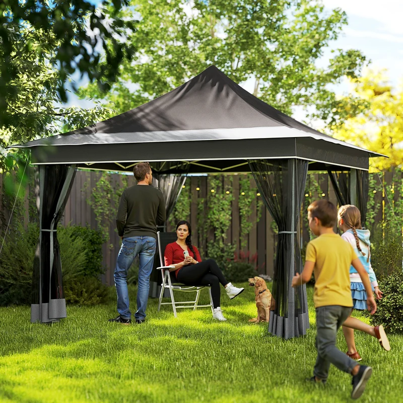 Outsunny Carpa Plegable 3,5x3,5x3 m Cenador de Jardín con Altura Ajustable 4 Mosquiteras Protección UV50+ Impermeable y Bolsa de Transporte Gazebo para Exterior Fiestas Camping Gris Oscuro