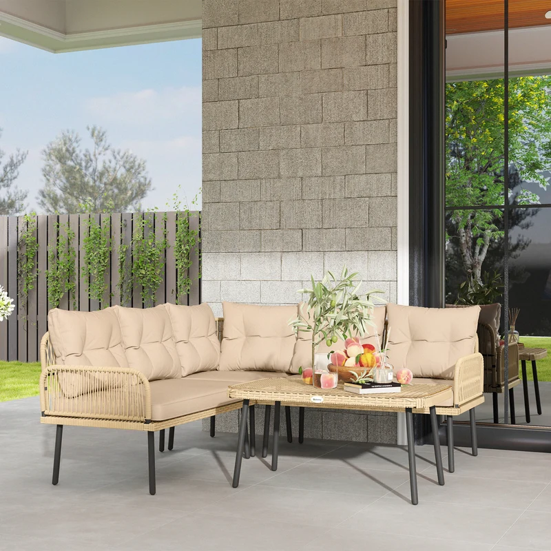 Outsunny Conjunto de Jardín Exterior de Ratán Sintético de 4 Piezas Muebles de Jardín Exterior en Forma de L Incluye 2 Sofás de 2 Plazas 1 Sillón Esquinero 1 Mesa de Centro con Cojines Natural