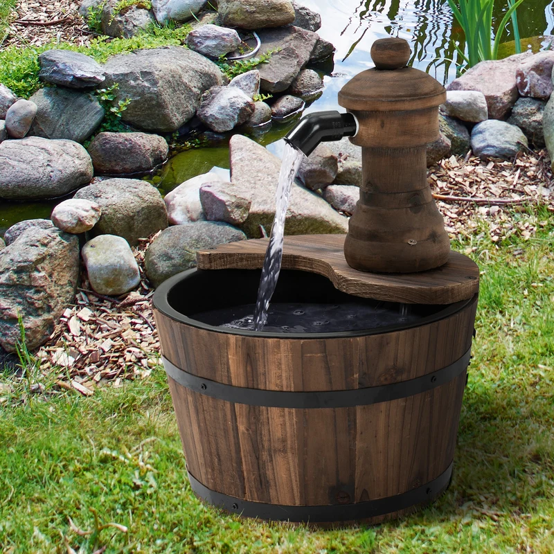 Outsunny Fuente de Agua de Madera Fuente de Jardín en Cascada con Bomba Eléctrica y Salida de Agua Ajustable para Decoración Patio Terraza 27x27x37 cm Natural