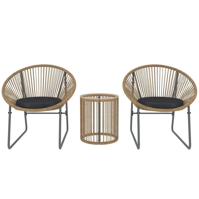 Outsunny Conjunto de Jardín Exterior de 3 Piezas Juego de 2 Sillas y Mesa de Ratán con Cojines Acolchados y Encimera de Vidrio Templado para Balcón Terraza Natural