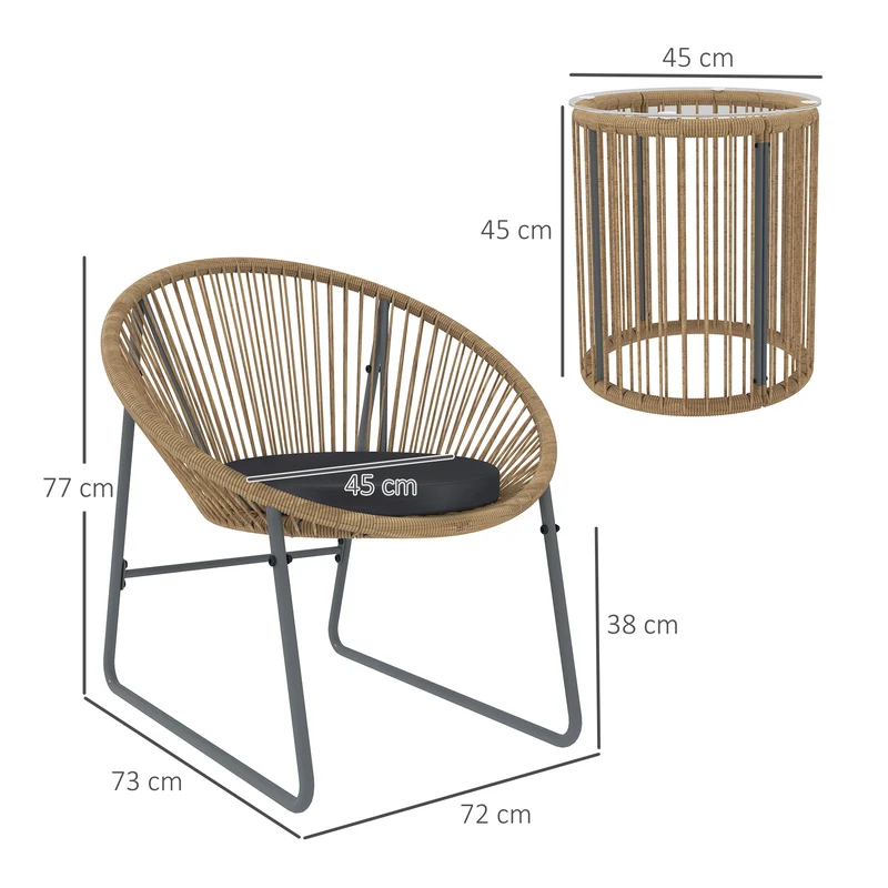 Outsunny Conjunto de Jardín Exterior de 3 Piezas Juego de 2 Sillas y Mesa de Ratán con Cojines Acolchados y Encimera de Vidrio Templado para Balcón Terraza Natural