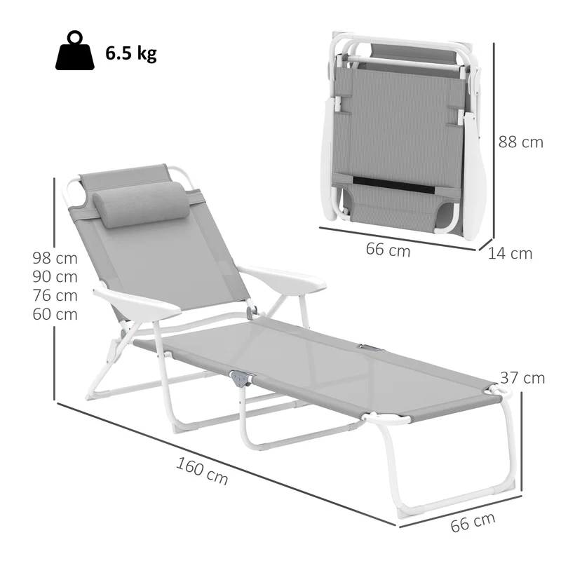 Outsunny Tumbona Plegable Tumbona Jardín Exterior con Respaldo Ajustable Reposacabezas Extraíble y Estructura de Metal Carga 120 kg para Terraza Piscina Playa 160x66x98 cm Gris