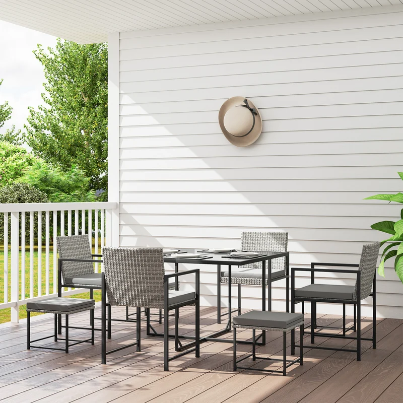 Outsunny Conjunto de Muebles de Jardín Exterior de Ratán de 9 Piezas Conjunto de Jardin Exterior de Ratán Sintético con Mesa con Vidrio Templado 4 Sillas 4 Taburetes Impermeables Cojines Gris